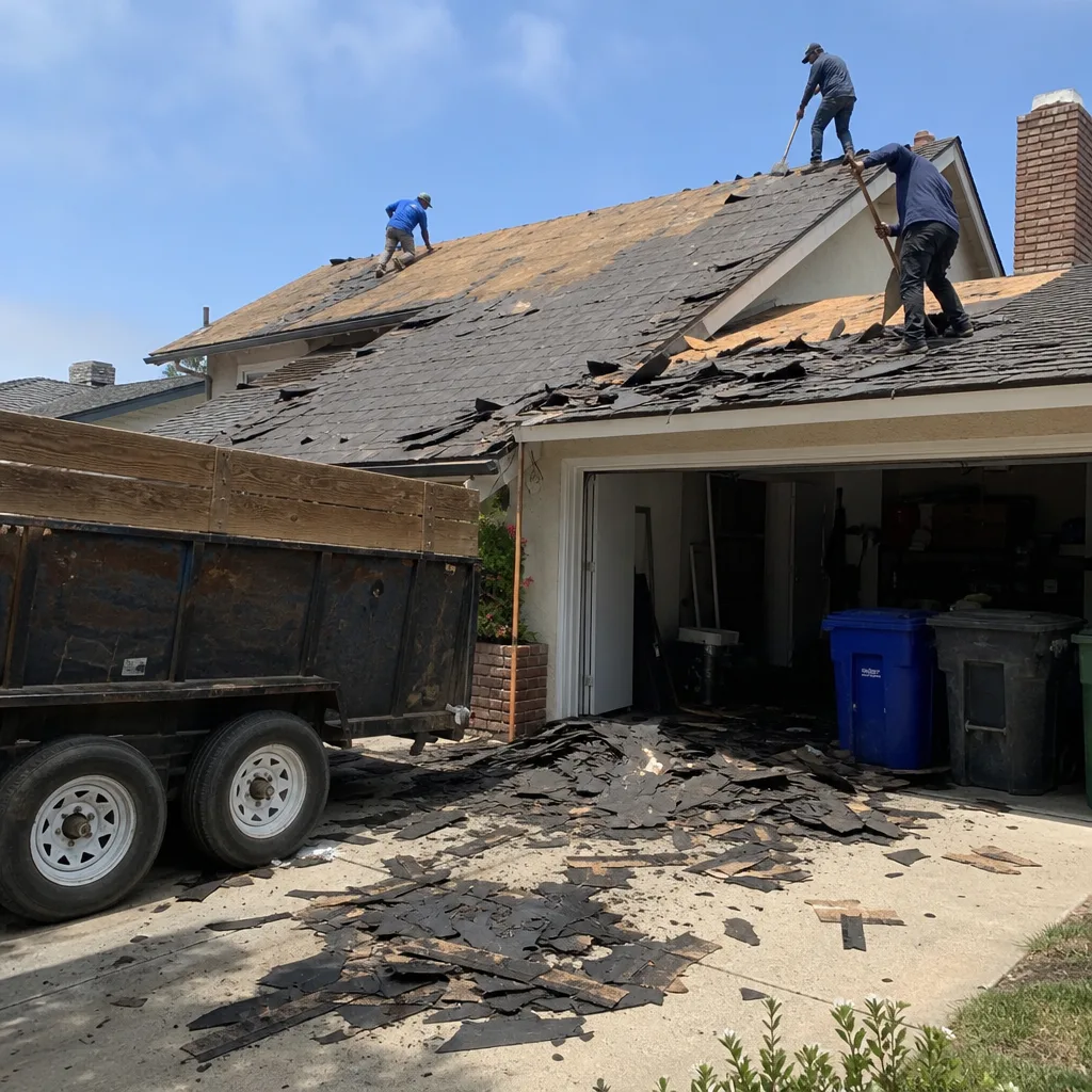 Professional roofers removing old shingles from a residential home roof