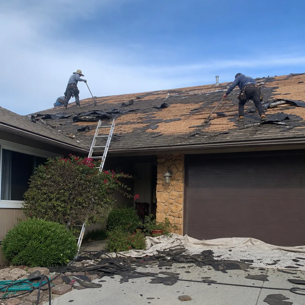 Two professional roofers performing a roof tear-off on a residential home