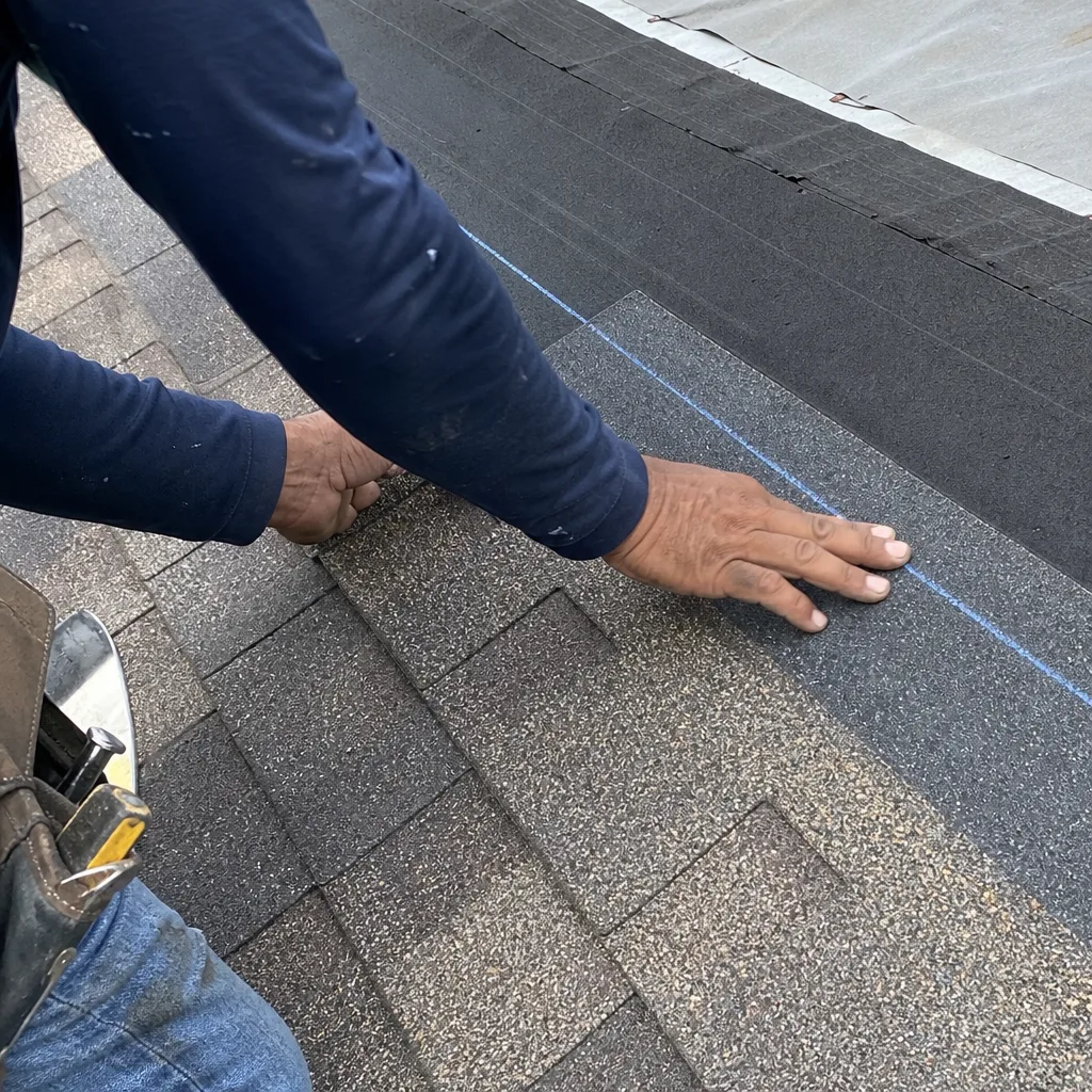 Professional roofer installing asphalt shingles on a residential roof