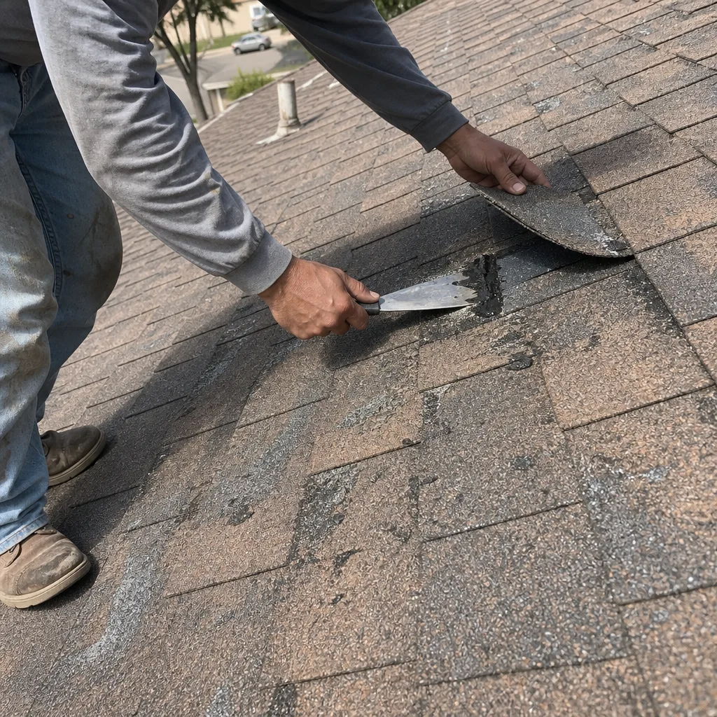 Roofing contractor applying sealant during a professional roof repair service.