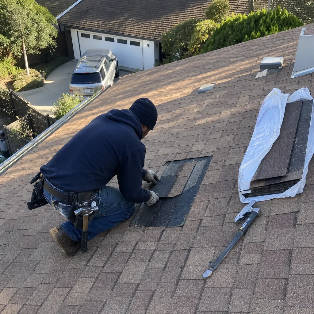 A professional roofer repairing shingles on a residential roof.