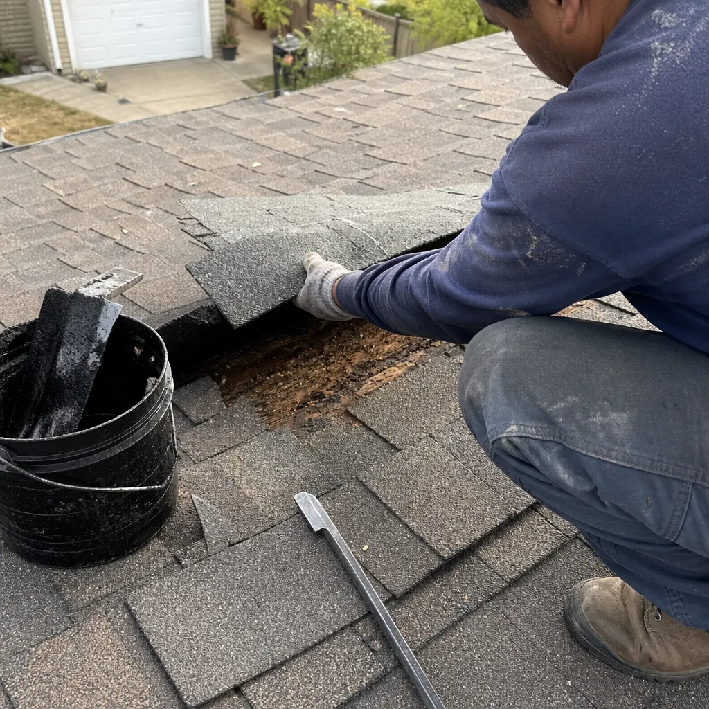 Professional roofer performing shingle roof repair and maintenance
