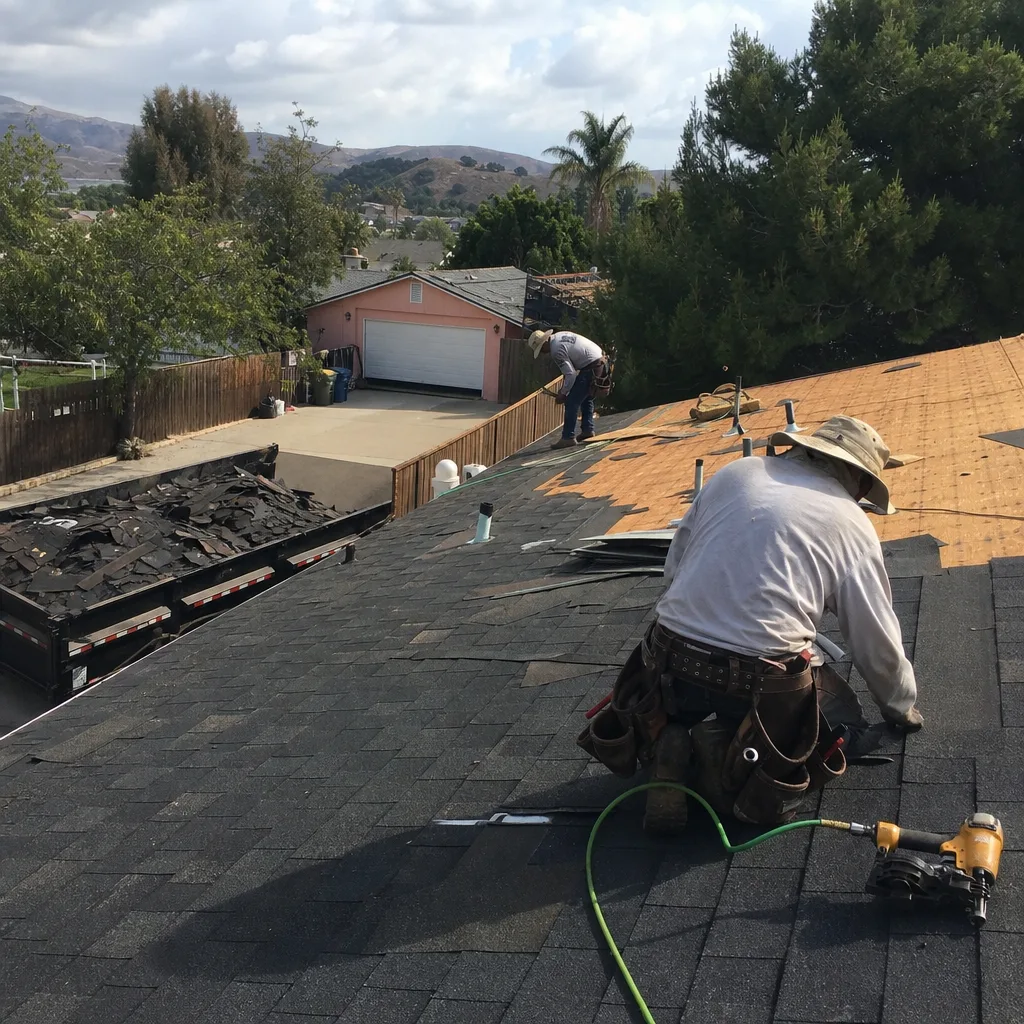 Roofers performing professional roof replacement with new asphalt shingles on a home