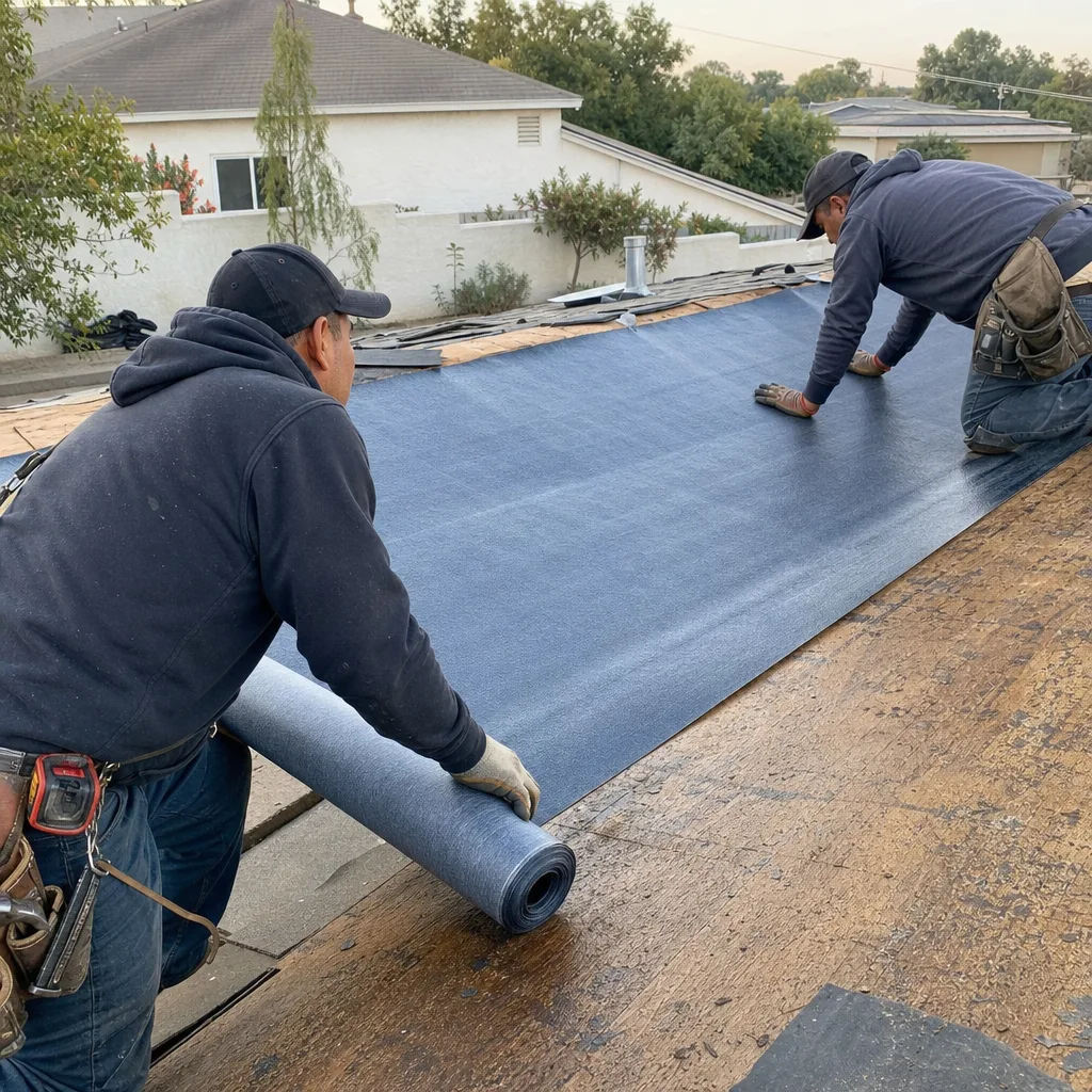 Two professional roofers installing waterproof underlayment during a roof replacement project