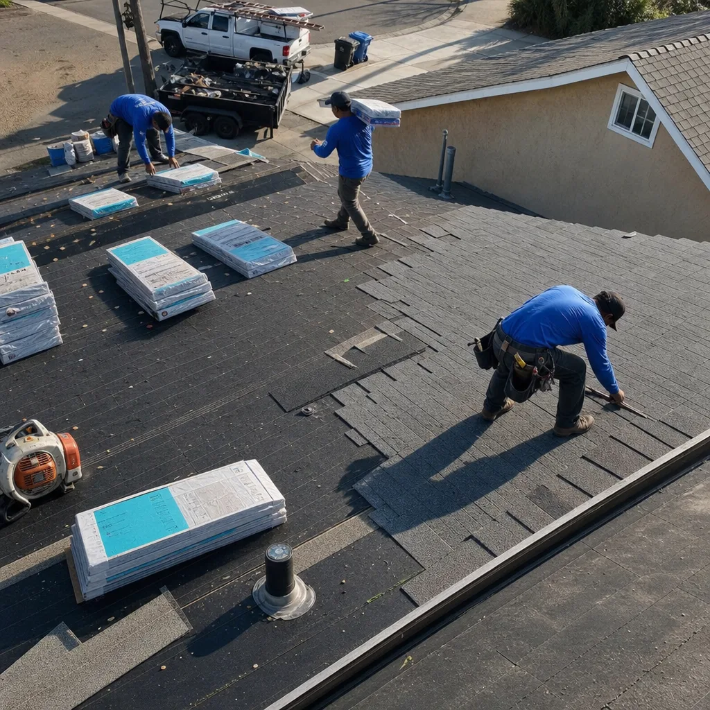 Roofers installing new shingles during a professional residential roof replacement project.